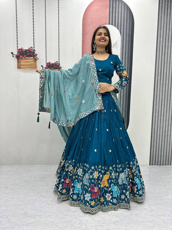 Pure Vichitra Silk Embroidered Lehenga Set