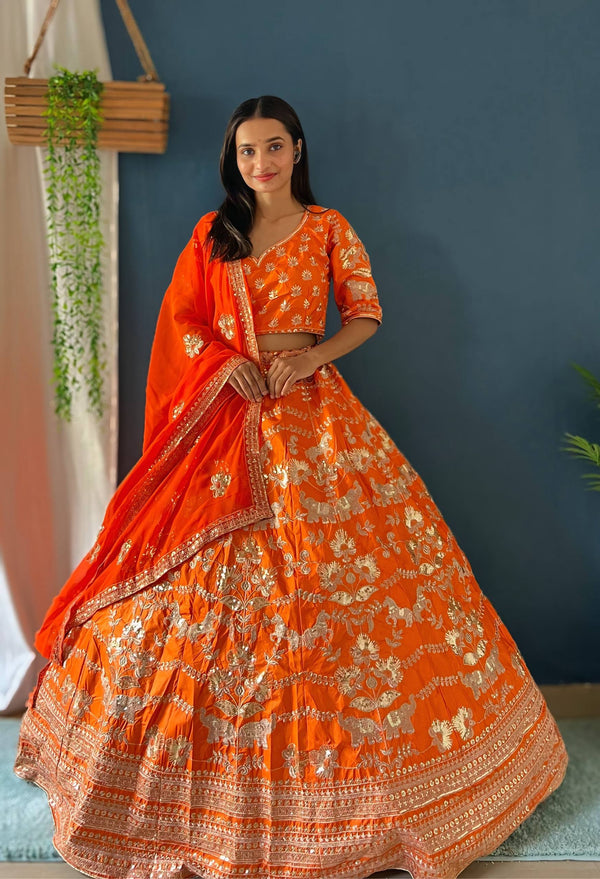 Orange Jalpari Silk Lehenga with Sequins & Zari Embroidery