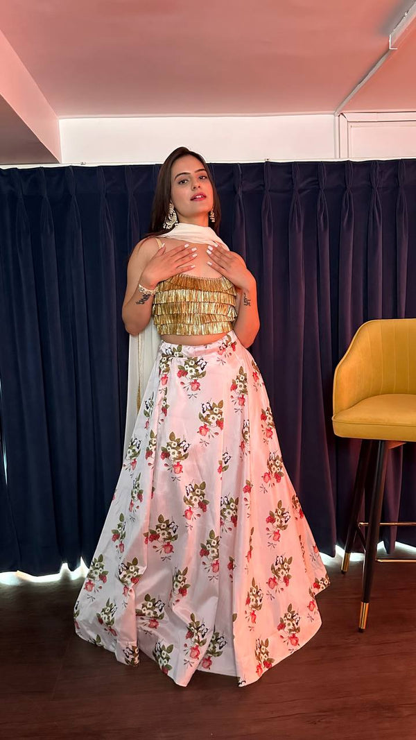 White Tapeta Silk Digital Print Lehenga with Banarasi Work Blouse & Georgette Dupatta