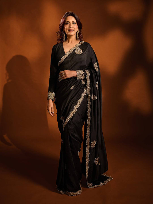 Black Rangoli Crush Silk Saree with Jari & Sequins Embroidery
