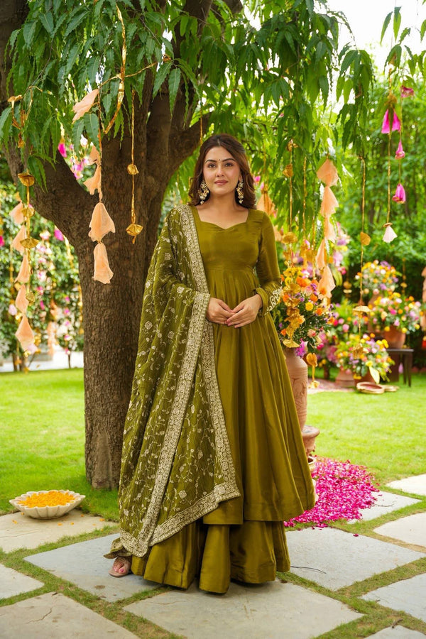 Mehendi Green German Chiffon Anarkali Set