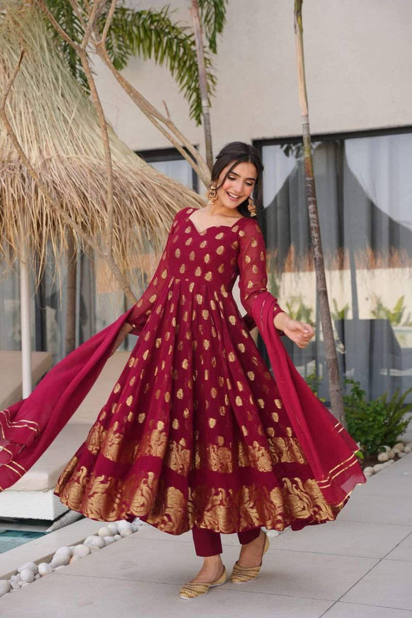 Maroon Jacquard Weaving Anarkali Set