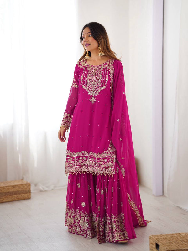 Pink & Red Faux Georgette Sharara Set with Designer Embroidery
