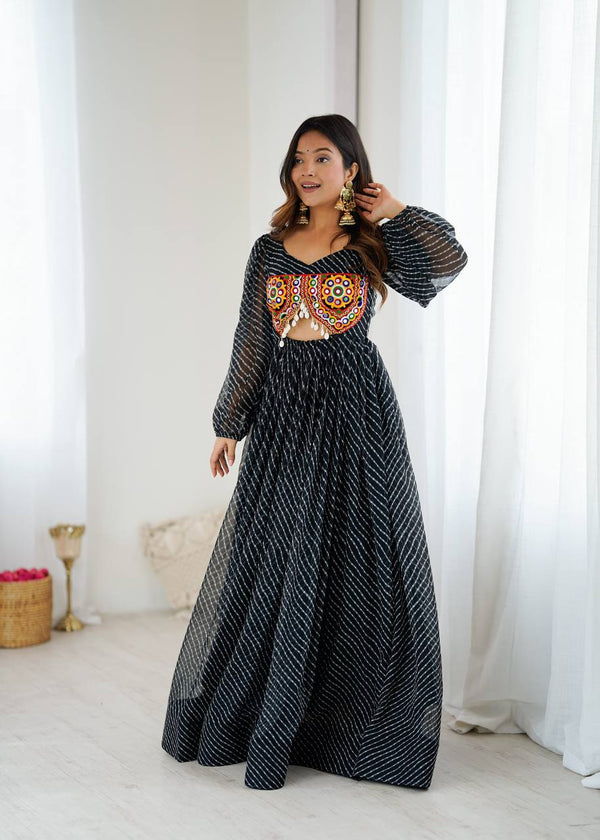 Black Georgette Gown with Digital Print & Chain-Stitch Work
