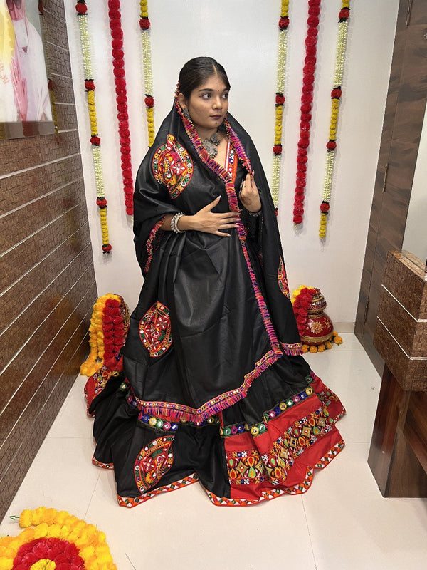 Black Red Pure Cotton Silk Lehenga with Gamthi Work Butta & Lace (6 Meter Flair)