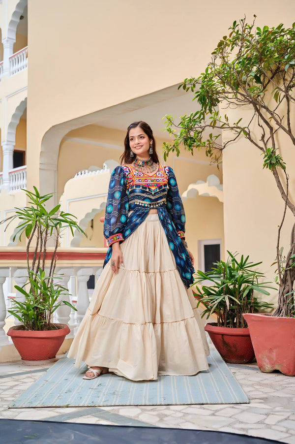 Beige Navratri Special Pure Cotton Lehenga Choli with Shrug