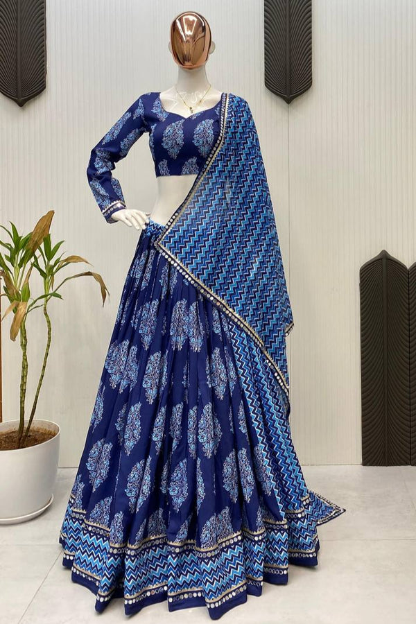Blue Printed Poly Rayon Lehenga Set with Dupatta