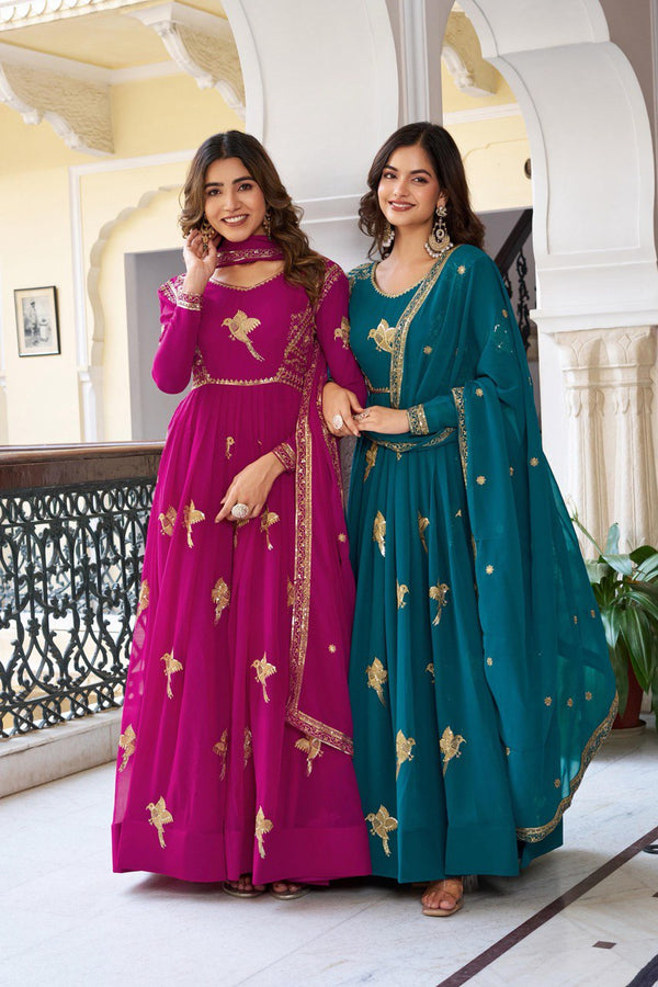 Teal & Rani Faux Georgette Gown Set with Thread & Sequin Work