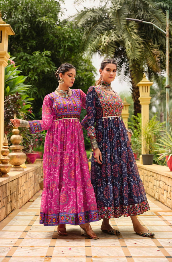 Pink & Blue Faux Georgette Printed Gown with 3-Layer Ruffle Flair