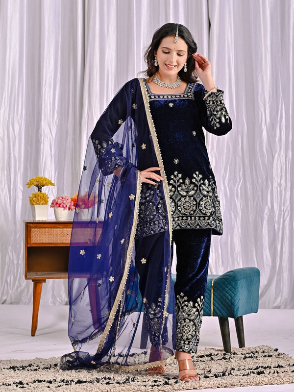 Dark Blue Pure Heavy Viscose Velvet Suit Set