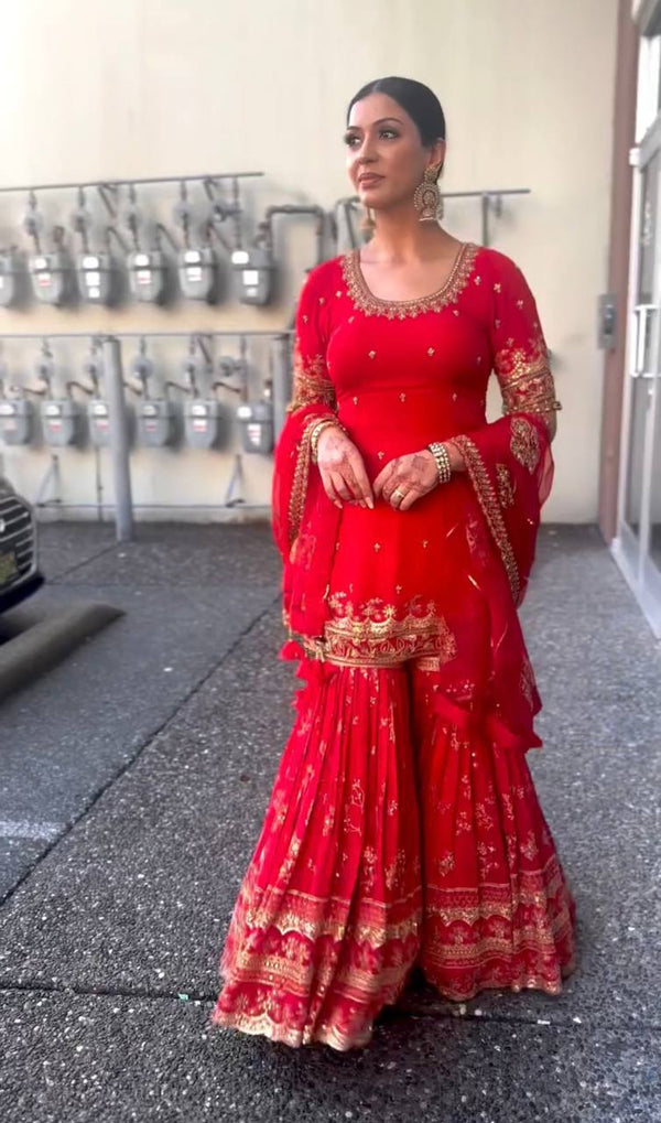 Red Chinon Silk Sharara Plazzo Top Dupatta - Tiamgee