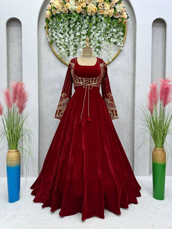 Red Velvet Gown with Matching Koti