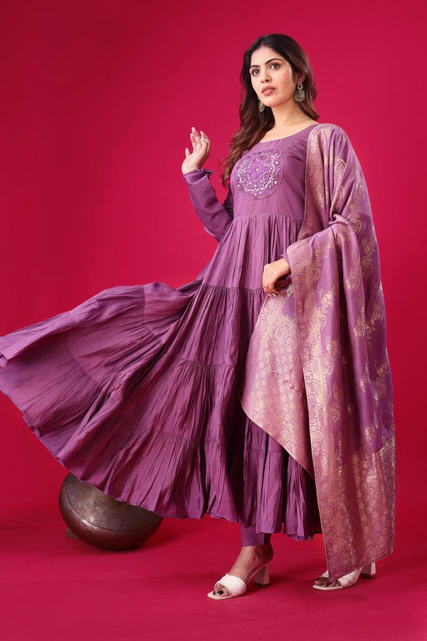Purple Heavy Roman Silk Anarkali Set
