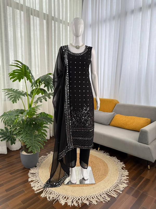Black Faux Georgette 3-Piece Set with Real Mirror and Sequin Work