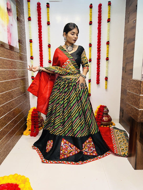 Black Pure Cotton Silk Printed Lehenga with Gamthi Work (4 Meter Flair)