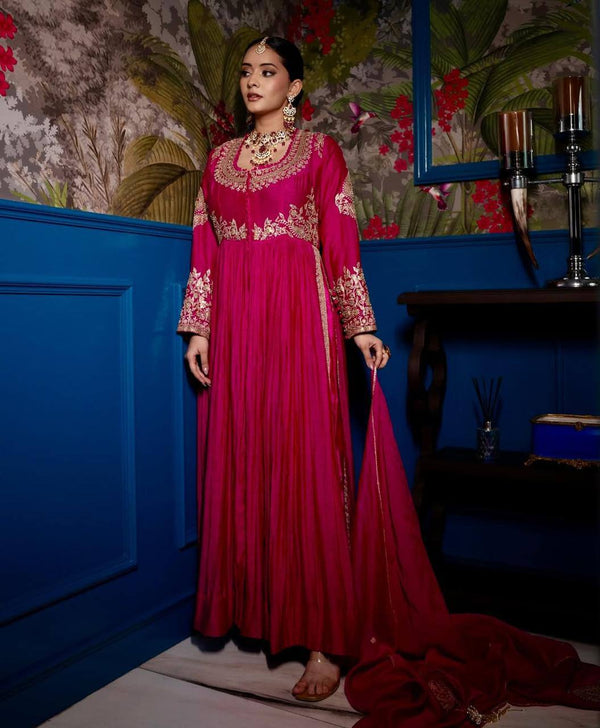Pink Roman Silk Anarkali Set with Pant and Dupatta