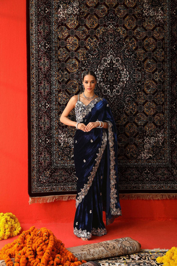 Dark Blue & Maroon Velvet Embroidered Saree