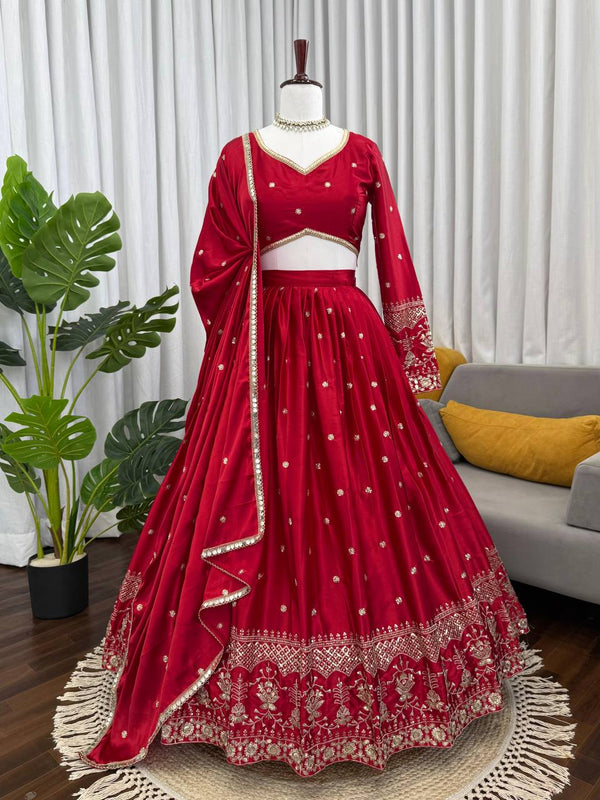 Red & Blue Japan Satin Lehenga Set