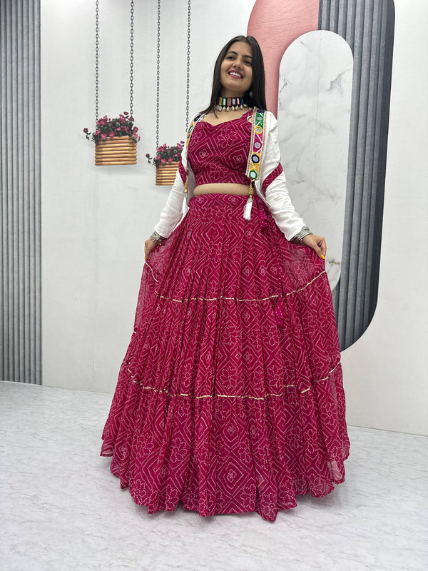 Pink Navratri Special Georgette Bandhej Lehenga Choli with Jacket