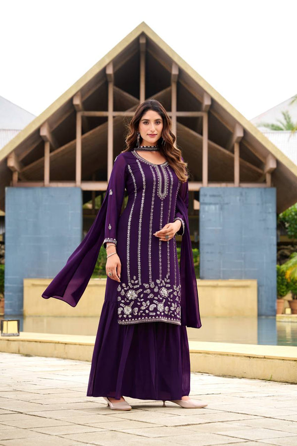 Purple Georgette Sharara Set with Belt-Style Dupatta