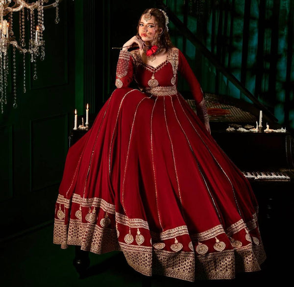 Maroon Faux Georgette Thread & Sequin Work Anarkali Set