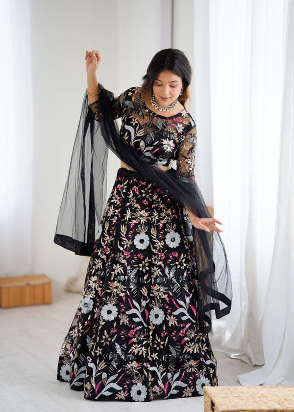 Black Butterfly Net Lehenga Choli with Heavy Embroidery & Sequins Work