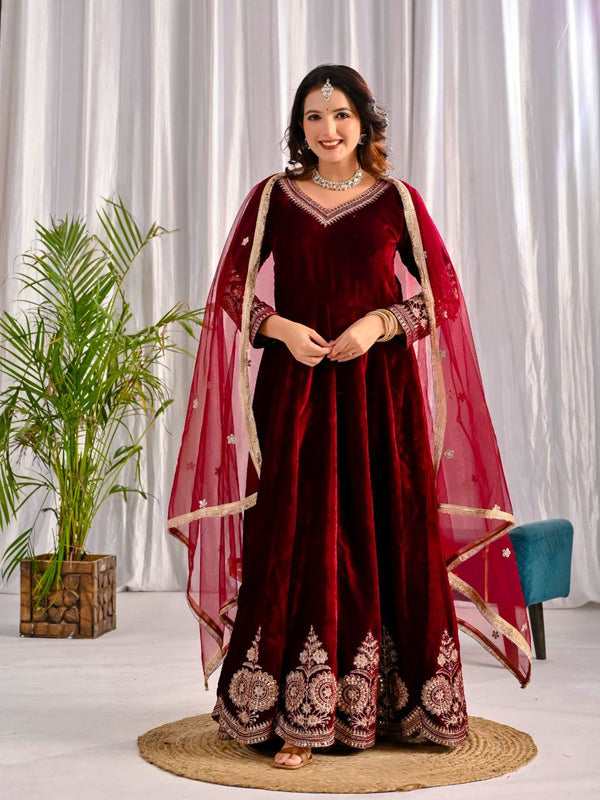 Maroon & Black Viscose Velvet Embroidered Anarkali Set