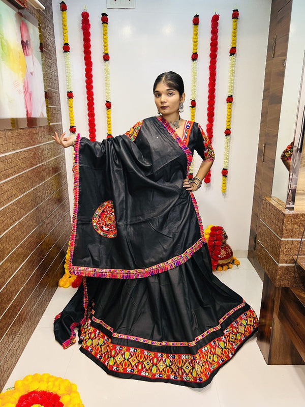 Black Pure Cotton Silk Lehenga with Gamthi Lace Work (6.5 Meter Flair)