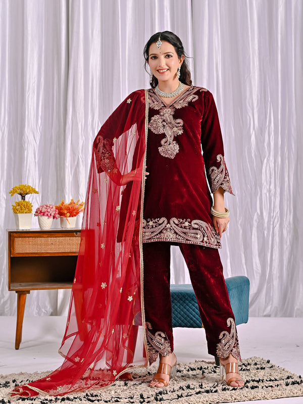 Maroon Pure Heavy Viscose Velvet Embroidered Suit Set