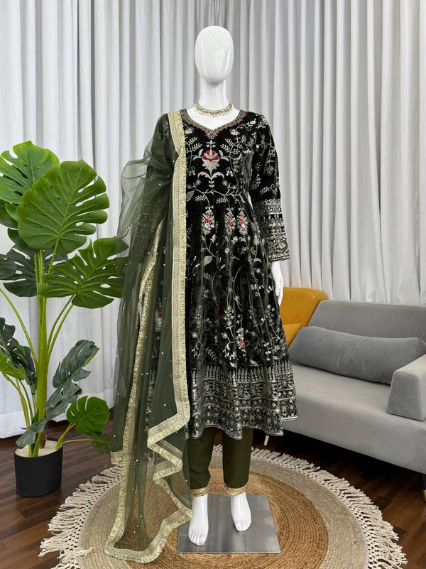 Green Velvet Anarkali Set with Dupatta