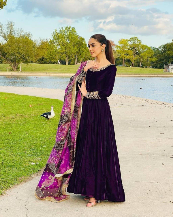 Purple & Teal Heavy Velvet Embroidered Gown with Soft Net Dupatta