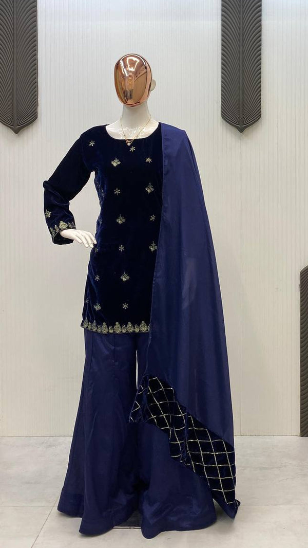 Blue Velvet Top With Chinon Plazzo Set