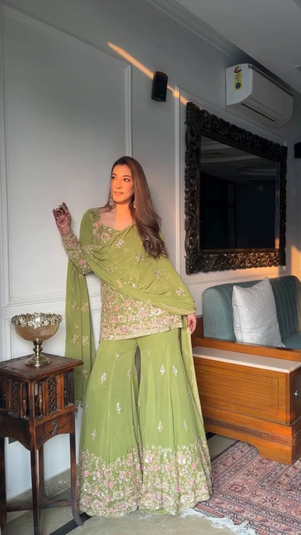 Green Heavy Faux Georgette Embroidered Sharara Set