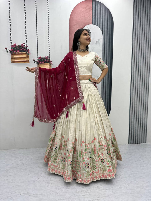 Off White Pure Tissue Silk Embroidered Lehenga Set