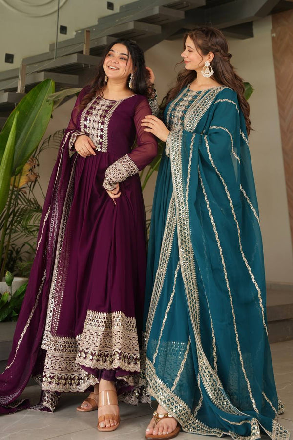Teal & Purple Faux Georgette Anarkali Set
