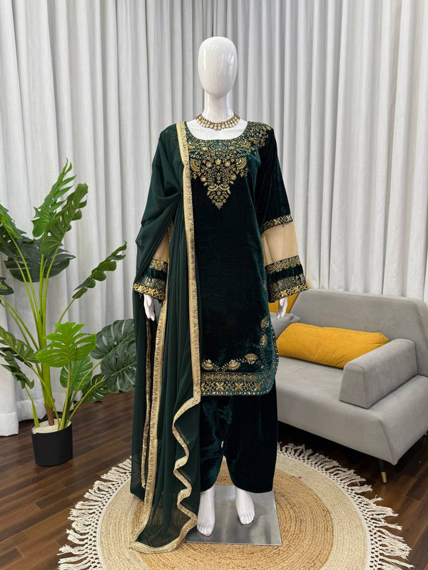Green Velvet Top, Pant & Dupatta Set