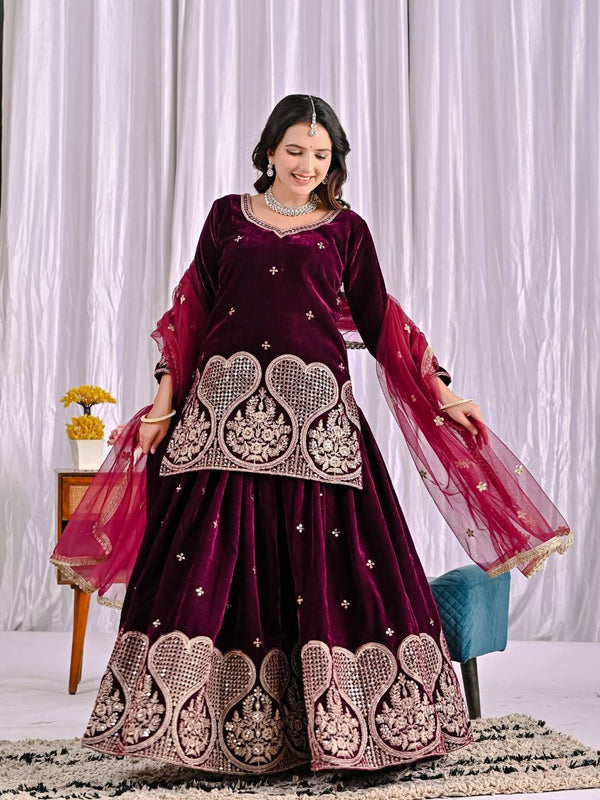 Maroon Heavy Viscose Velvet Embroidered Sharara Suit Set