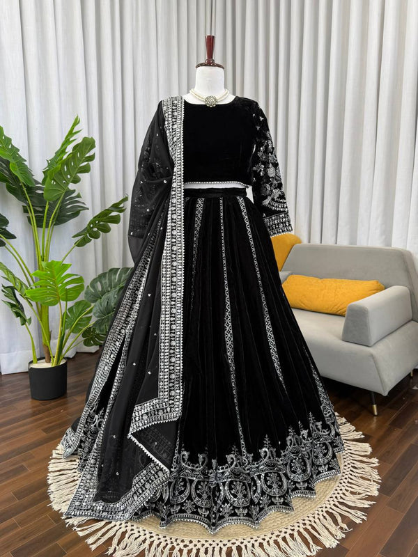 Black Viscose Velvet Lehenga Set