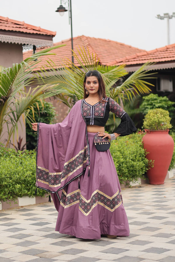 Violet Navratri Special Pure Cotton Ajarakh Work Lehenga Choli