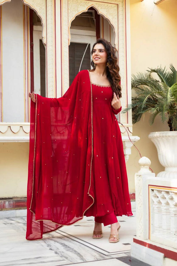 Red Faux Georgette Anarkali Set with Real Diamond Handwork
