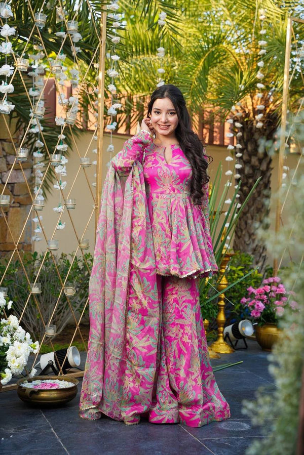Pink Chinon Silk Digital Print Suit Set