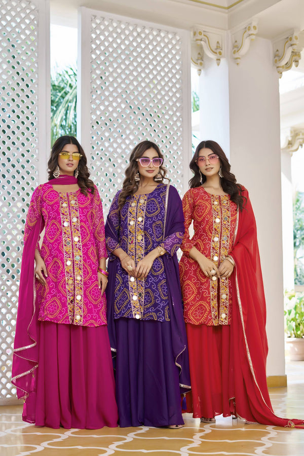 Faux Georgette Bandhani Print Kurti with Palazzo & Dupatta Set