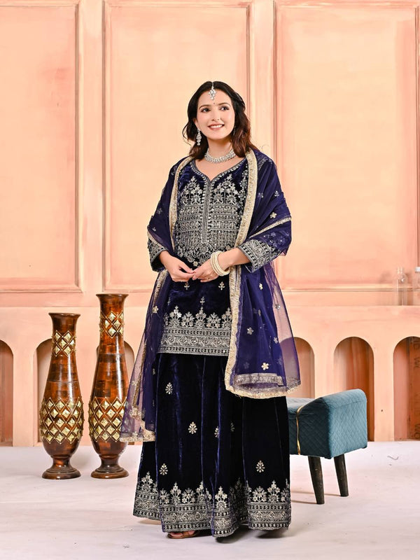 Dark Blue Viscose Velvet Embroidered Sharara Set