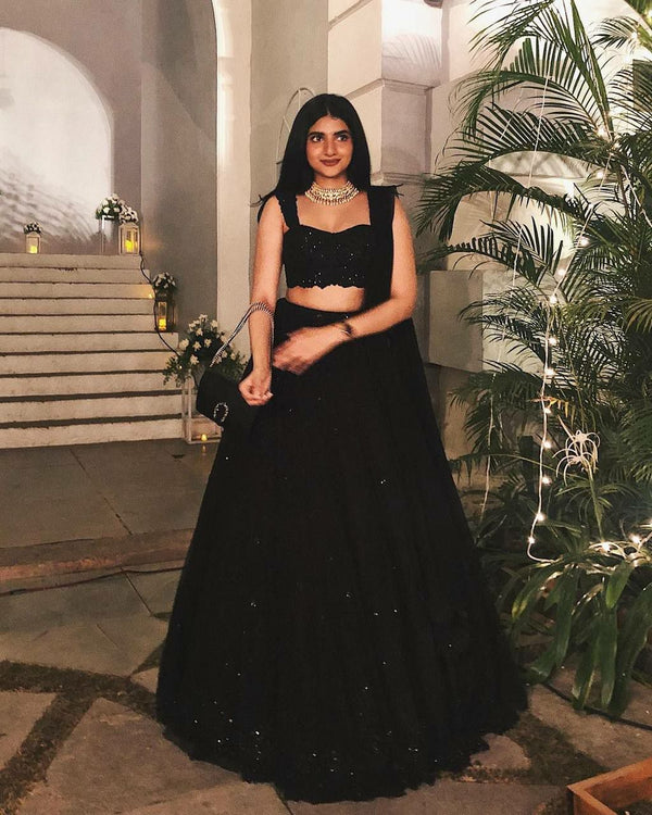 Black Georgette Lehenga with Sequins & Thread Work, Banglori Satin Blouse, and Dupatta