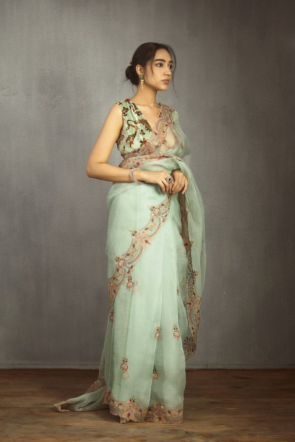 Grape Green & Black Thai Organza Silk Saree