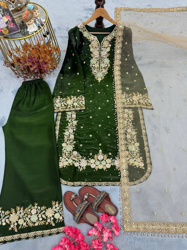 Pure Jimmy Choo Embroidered Top, Plazzo & Dupatta Set - Tiamgee