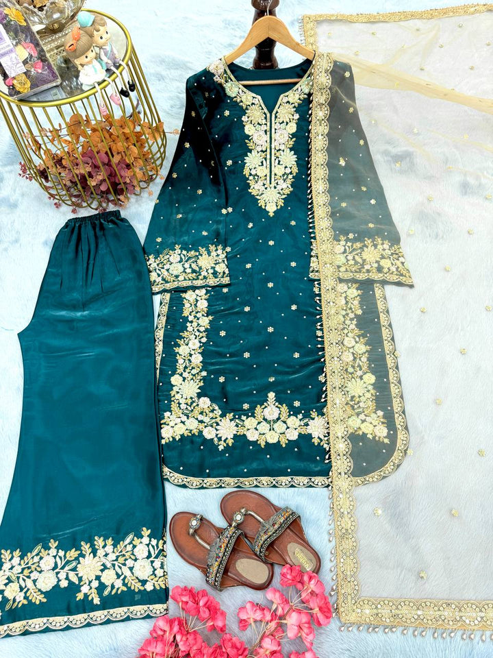 Pure Jimmy Choo Embroidered Top, Plazzo & Dupatta Set - Tiamgee