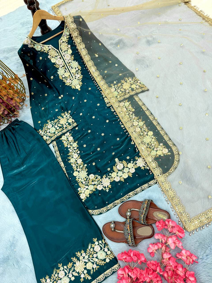 Pure Jimmy Choo Embroidered Top, Plazzo & Dupatta Set - Tiamgee