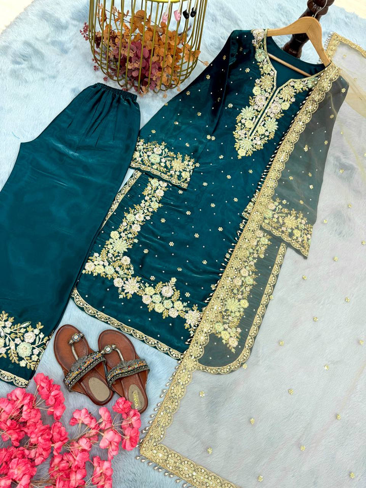 Pure Jimmy Choo Embroidered Top, Plazzo & Dupatta Set - Tiamgee