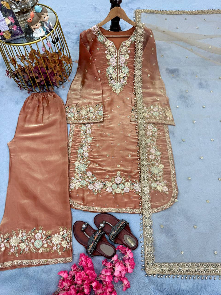 Pure Jimmy Choo Embroidered Top, Plazzo & Dupatta Set - Tiamgee